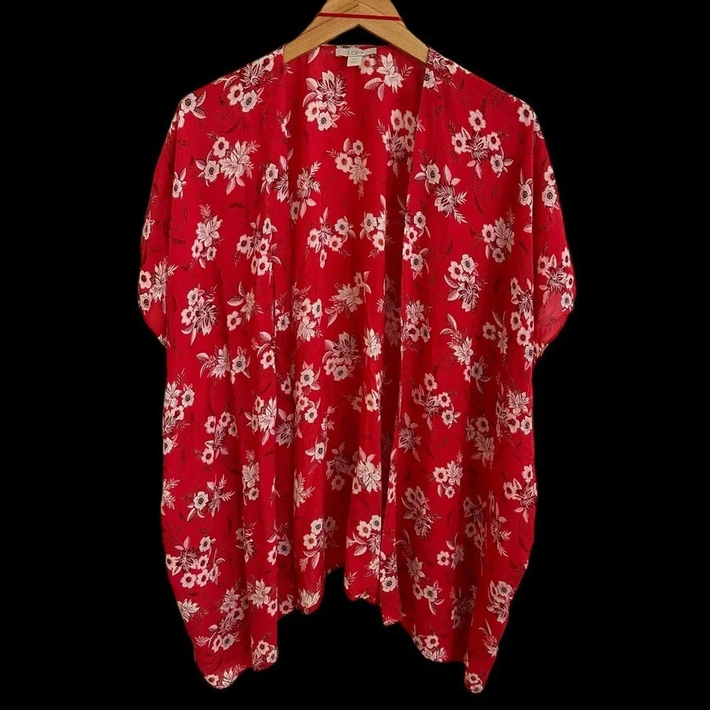 Loft size XS/S Red Floral Paisley Open Front‎ Kimono Top Boho Beachy Cover Up